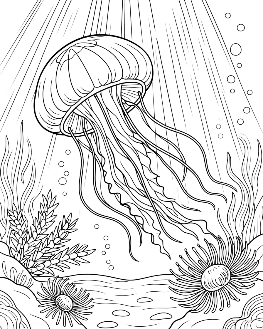 A jellyfish drifting through sunbeams in deep water, with barnacles and anemones clinging to every surface.