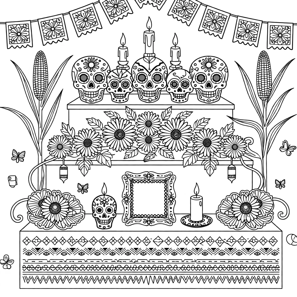 A remembrance altar decorated with marigolds and sugar skulls.