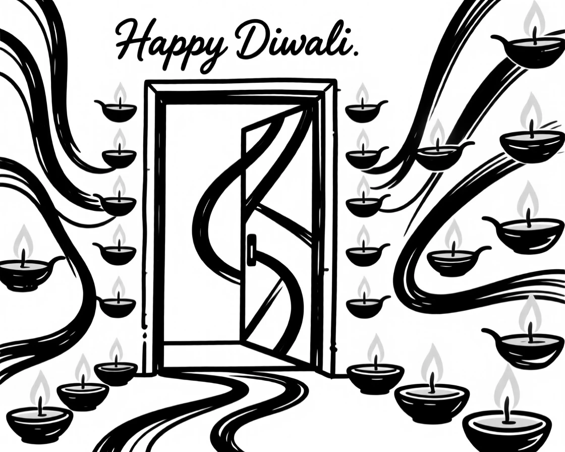 A vibrant Diwali celebration with rows of glowing oil lamps lining a doorway.