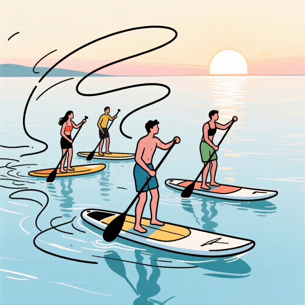 A group of friends stand-up paddleboarding across a glassy bay at sunrise.
