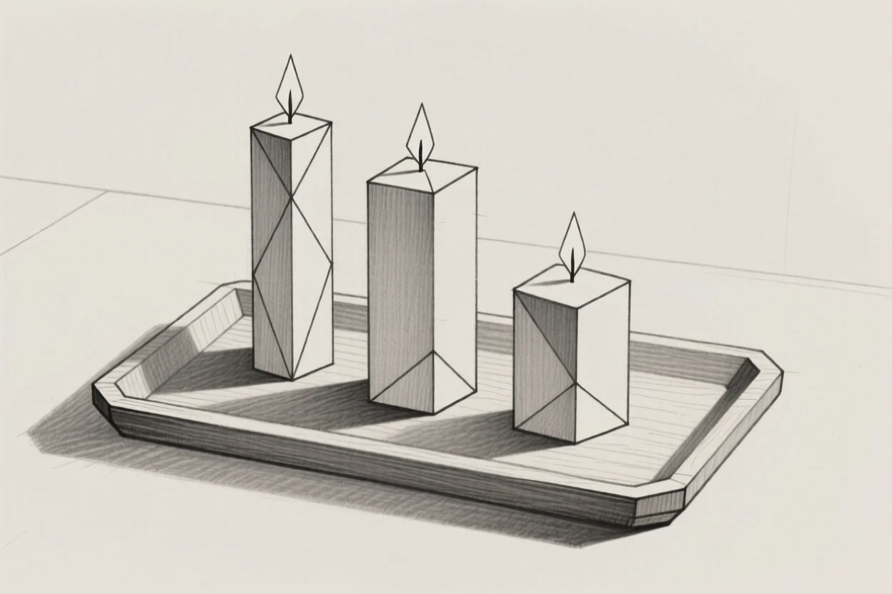 A still life of candles arranged on a wooden tray