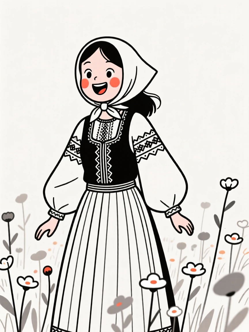 A young woman of Polish heritage wearing a Greek folk costume, bursting with excitement, in a field of wildflowers.