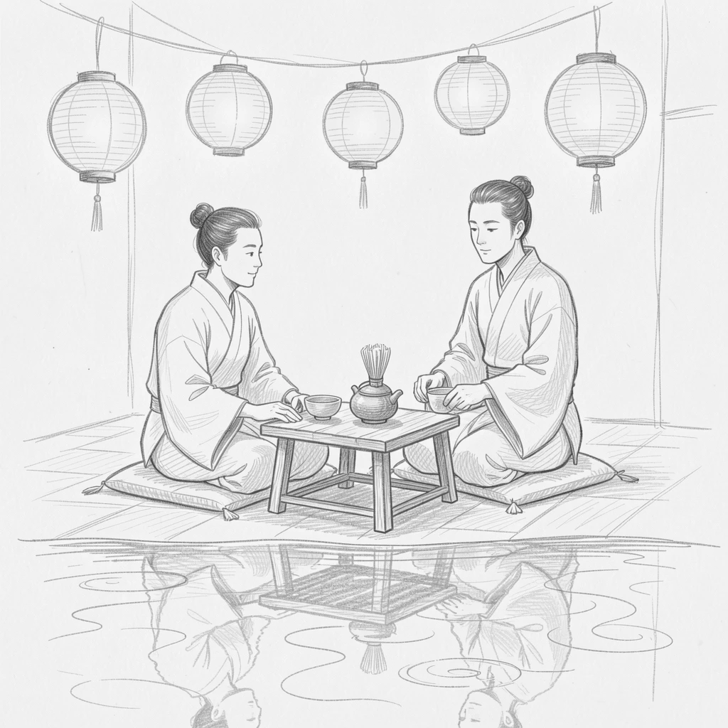 A traditional tea ceremony in progress, beneath strings of glowing lanterns, with reflections shimmering on calm water.