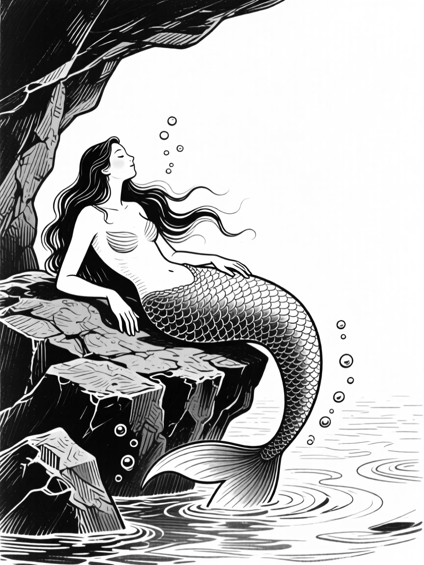 A mermaid resting on a rock at the edge of a glowing underwater cave.