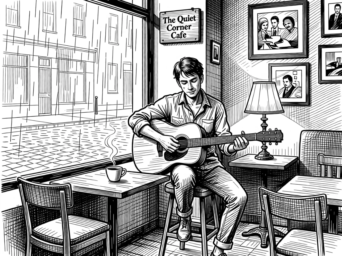 A musician playing guitar on a quiet street corner inside a cozy cafe on a rainy day, with the glow of a nearby lamp softening the scene, creating a joyfully nostalgic lifestyle scene.