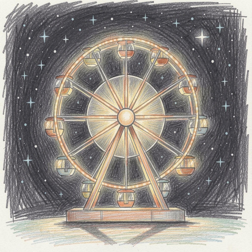 An amusement park ferris wheel glowing against a starry sky, framed thoughtfully to draw the eye toward the central subject, radiating comfort, joy, and quiet beauty.