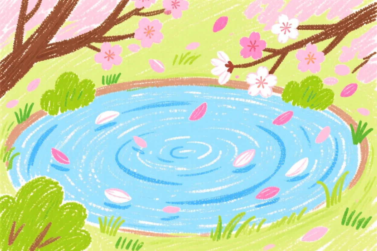 Cherry blossom petals falling over a peaceful spring pond.