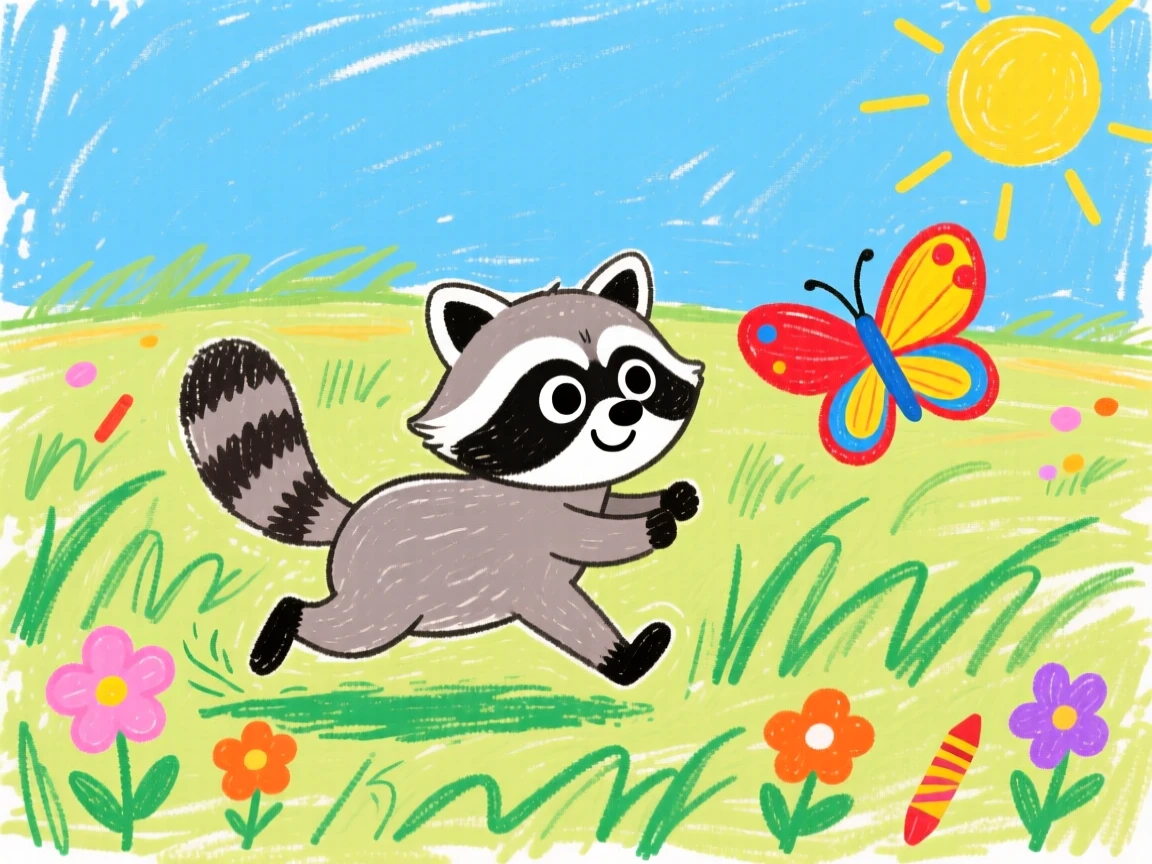 A curious raccoon kit chasing a butterfly across a sunny field.