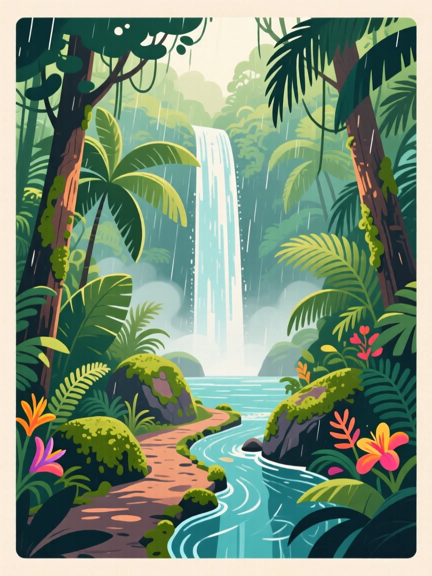A tropical waterfall hike through dense rainforest, with soft morning light illuminating the scene, composed with a dreamy sense of wanderlust and adventure, with a nostalgic, postcard-like charm.