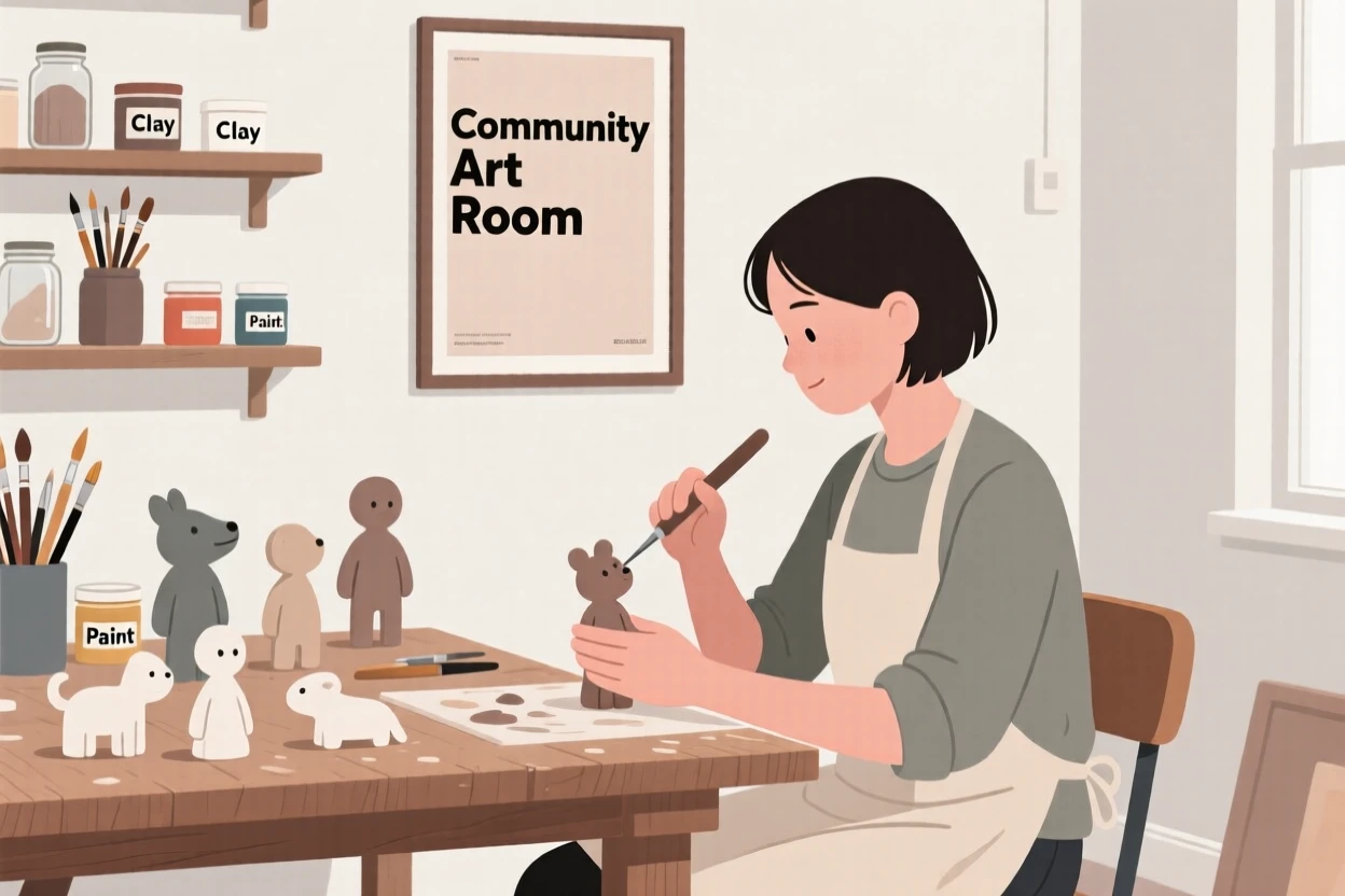 A person carving small figurines in a community art room.