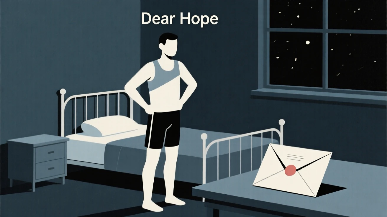 A runner catching their breath standing in a dim bedroom at night, embodying a feeling of hopeful longing, with an open letter nearby.