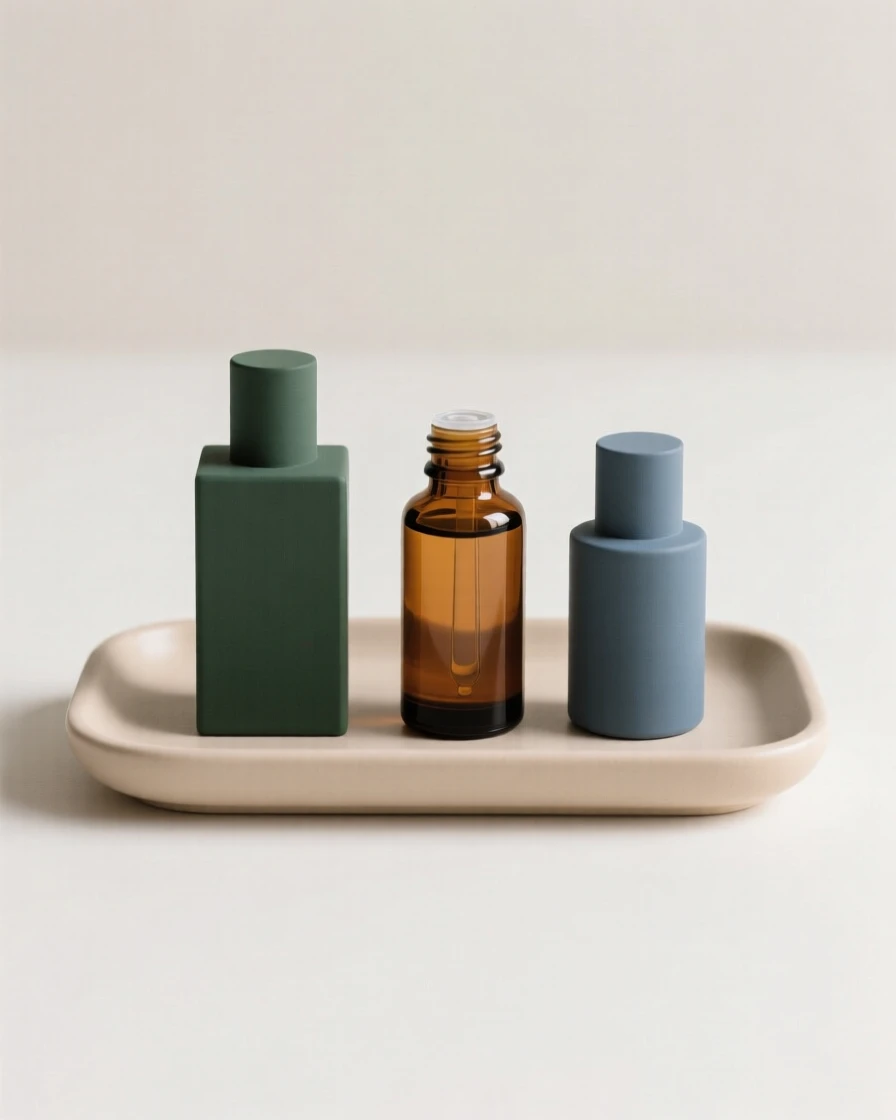 A set of essential oil bottles on a tray