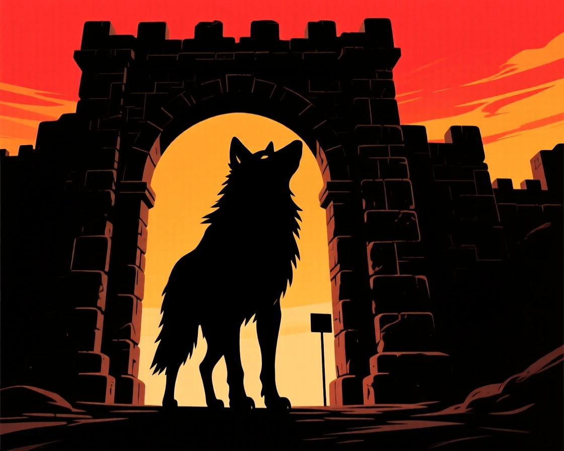 A giant wolf standing guard at the entrance to an ancient, hidden city.