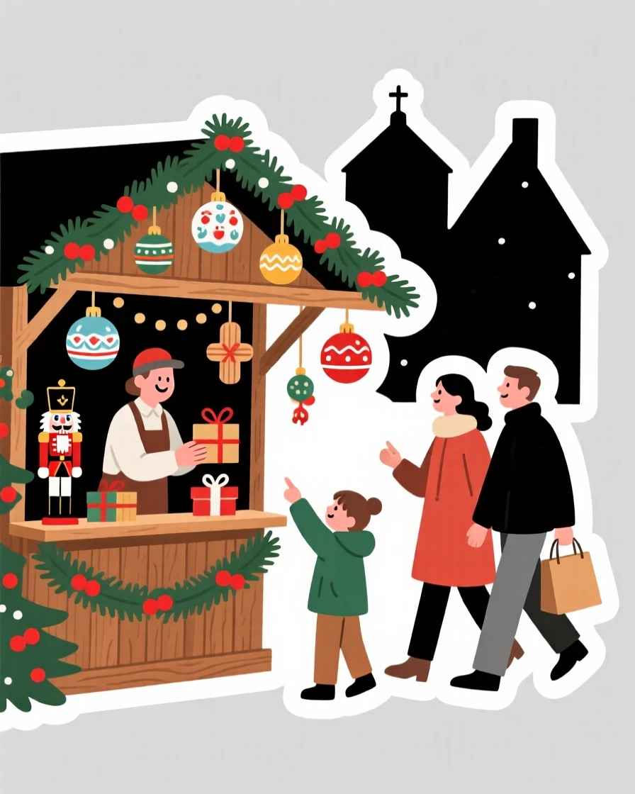 A postcard-perfect German Christmas market stall with ornaments, with locals going about their day, in a moment worth remembering forever.