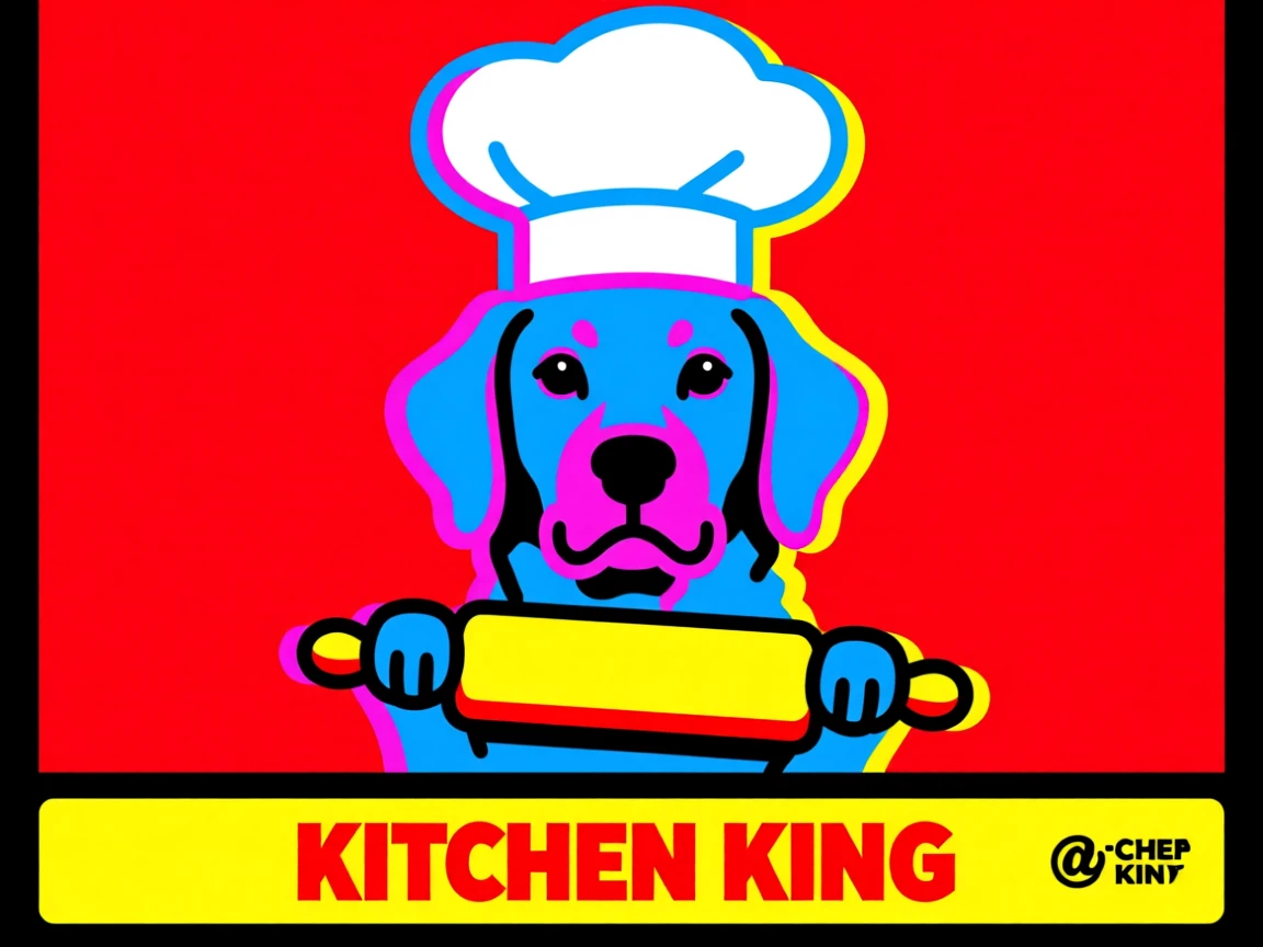 Dog wearing a chef hat holding a rolling pin