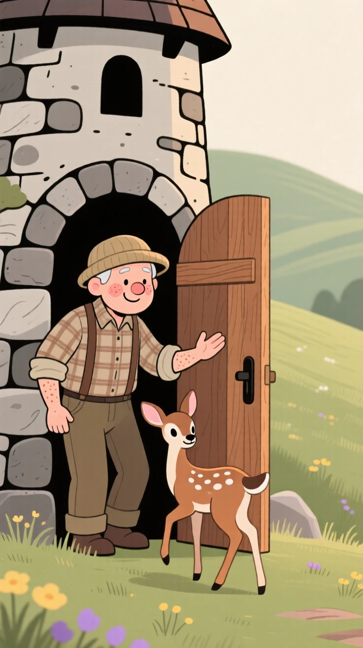 A kind old woodcutter stands at the door of a stone tower tucked into a hillside meadow, welcoming a lost fawn inside from the cold.