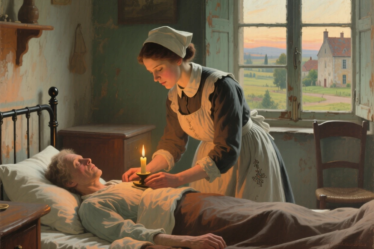 A close-up portrait of a nurse tending to a patient in a quiet candlelit ward, in the French countryside, in early morning light.