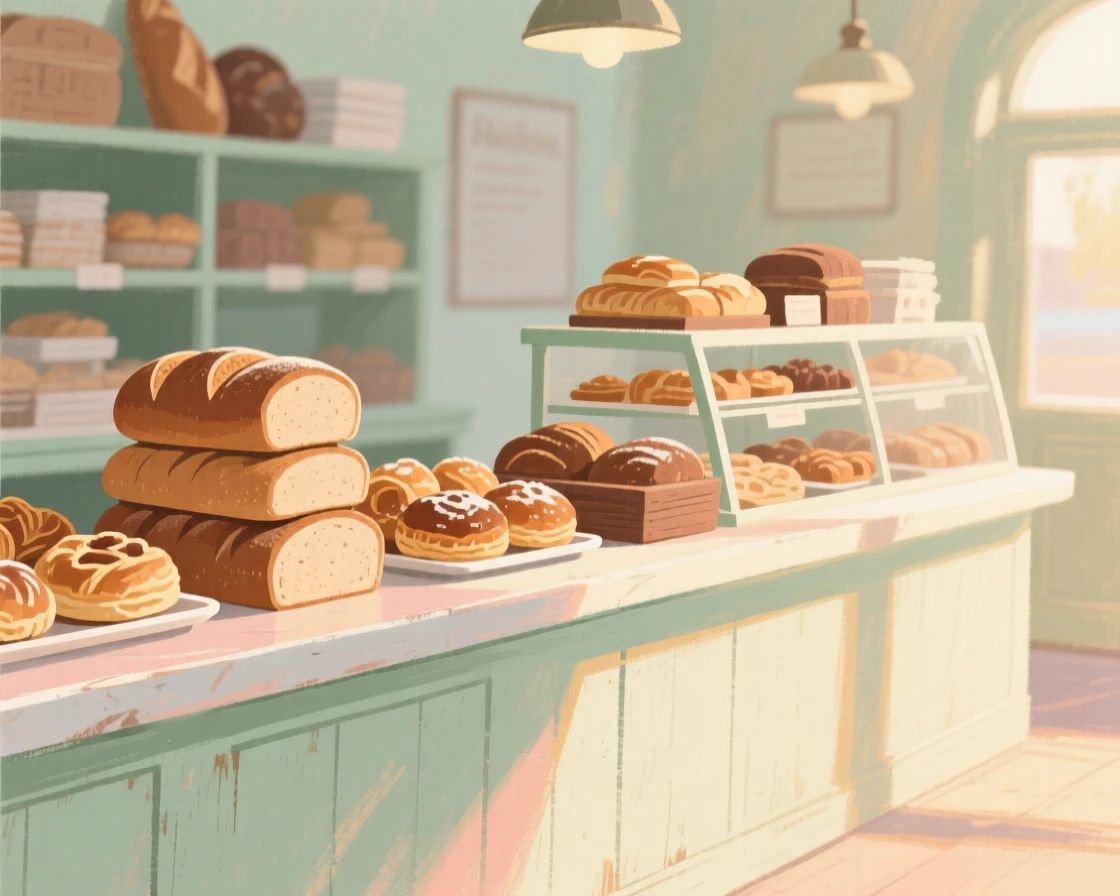 A rustic bakery counter lined with fresh loaves and pastries