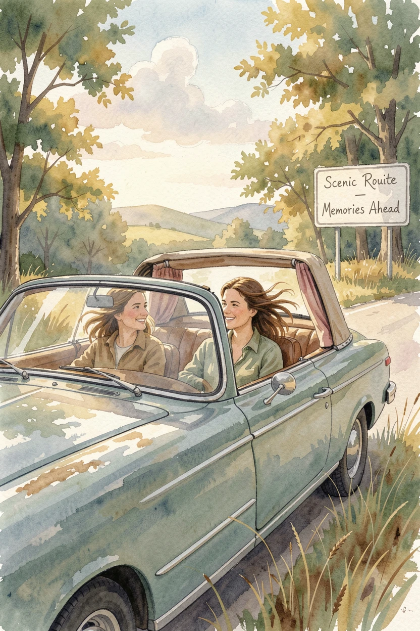 Best friends taking a road trip with the windows down in a moment of quiet togetherness.