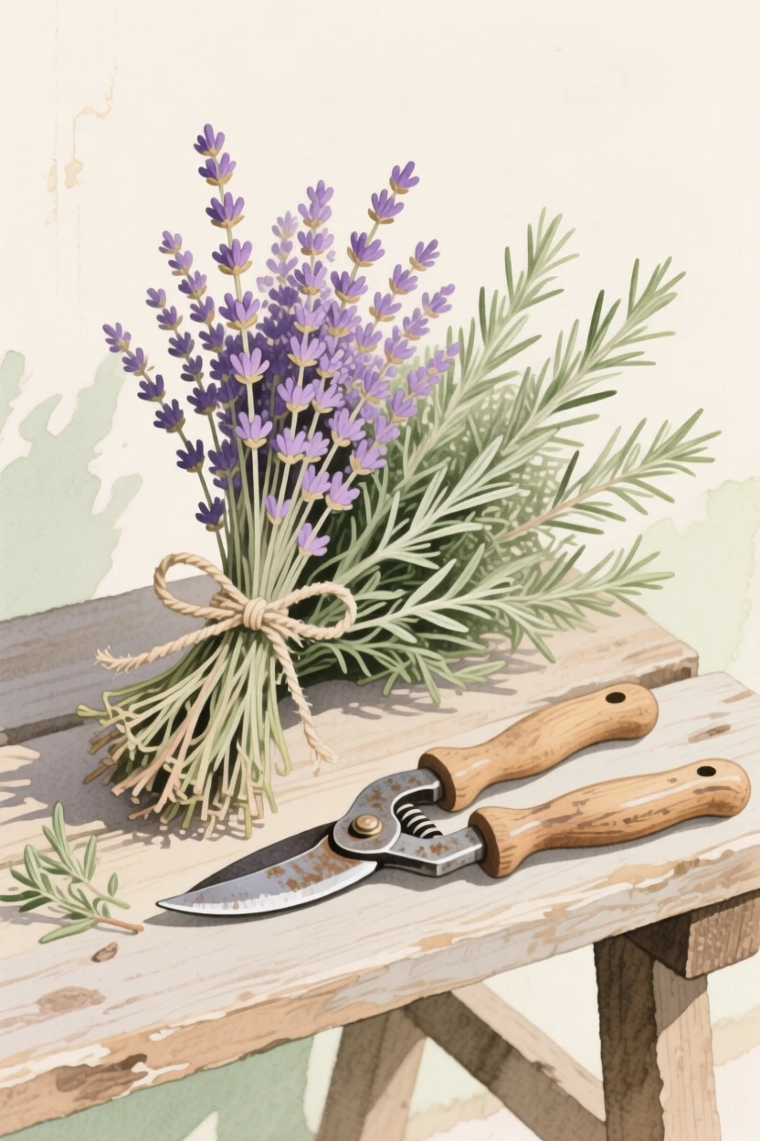 A bundle of dried lavender and rosemary rests beside a vintage pair of garden shears on a potting bench
