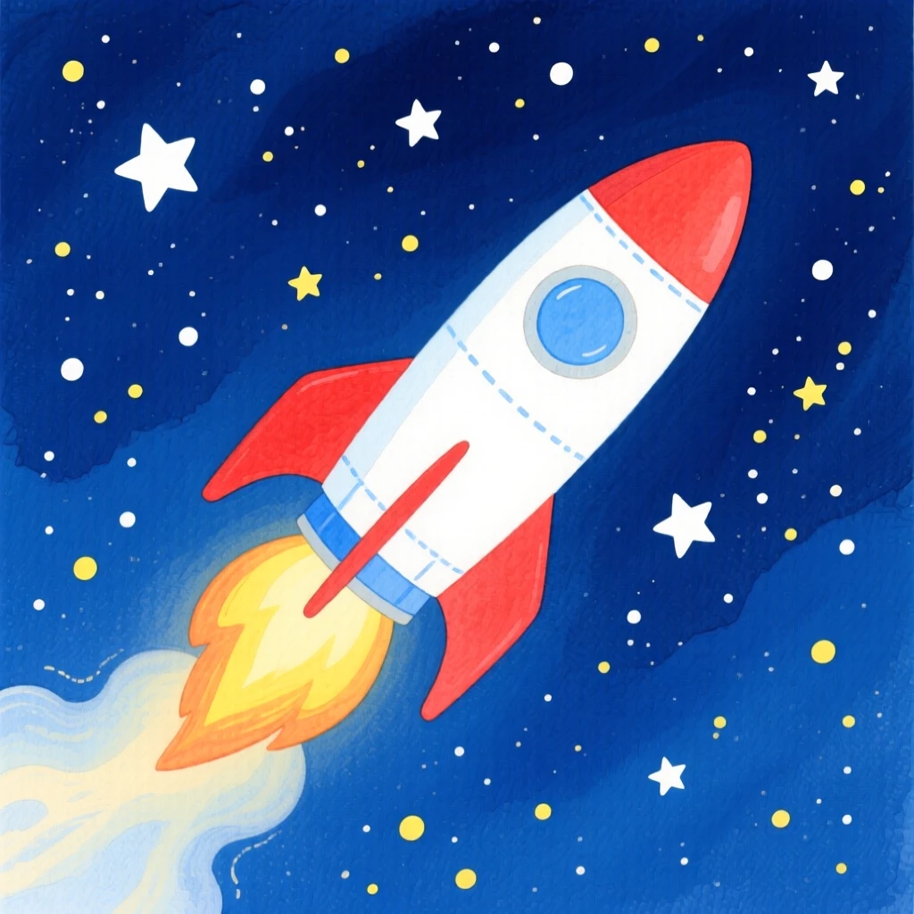 A rocket launching into a starry night sky, full of wonder and discovery.