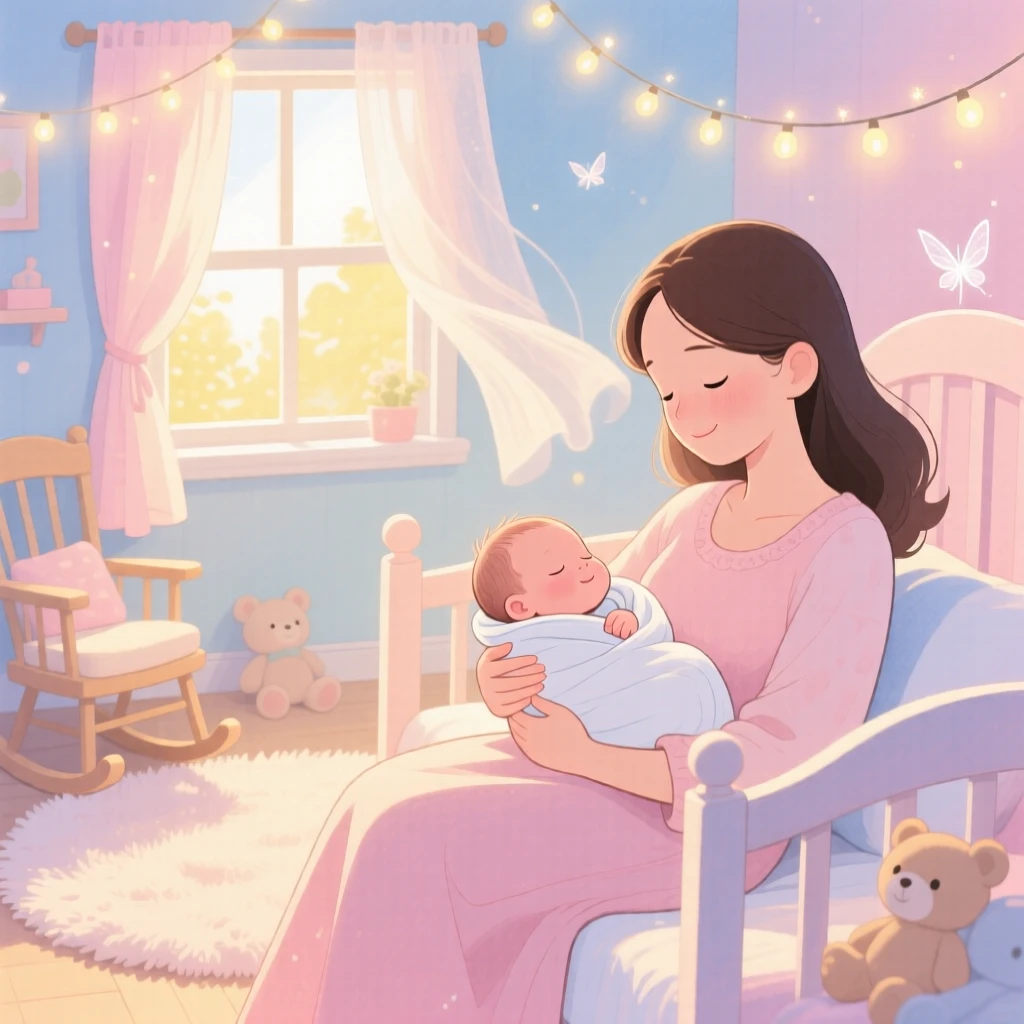A newborn baby and mother resting together in a sunlit nursery, in a soft pastel nursery with floating curtains, with twinkling fairy lights strung overhead, pure unconditional love.
