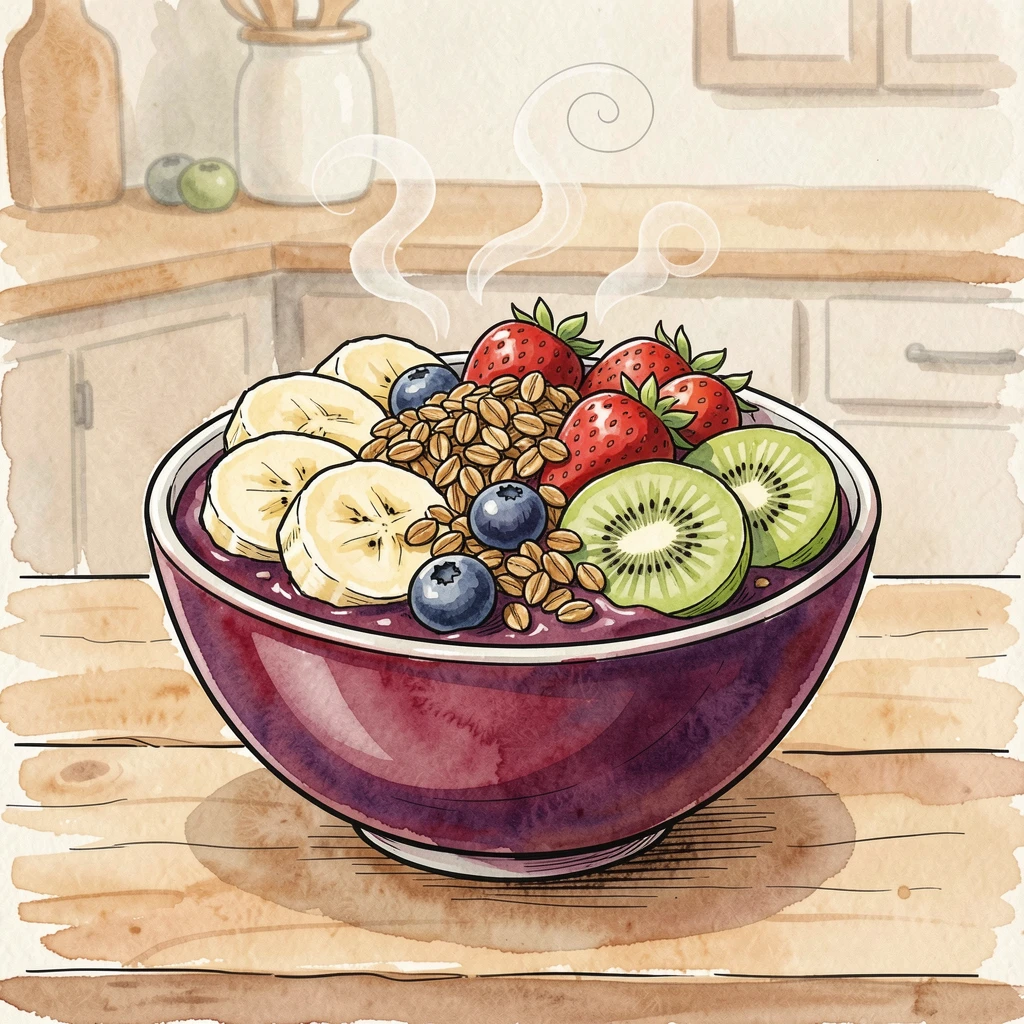 A colorful bowl of acai topped with fresh fruit and granola, steam curling gently into the warm kitchen air.