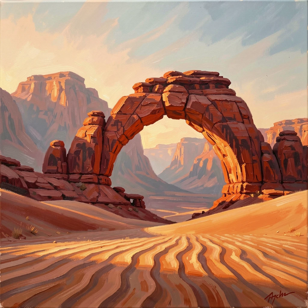 With distant mountains shimmering in the heat, a dramatic desert arch carved by wind and time, wind carving delicate ripples into the dune's surface, at sunrise, the rock glowing deep red and orange.