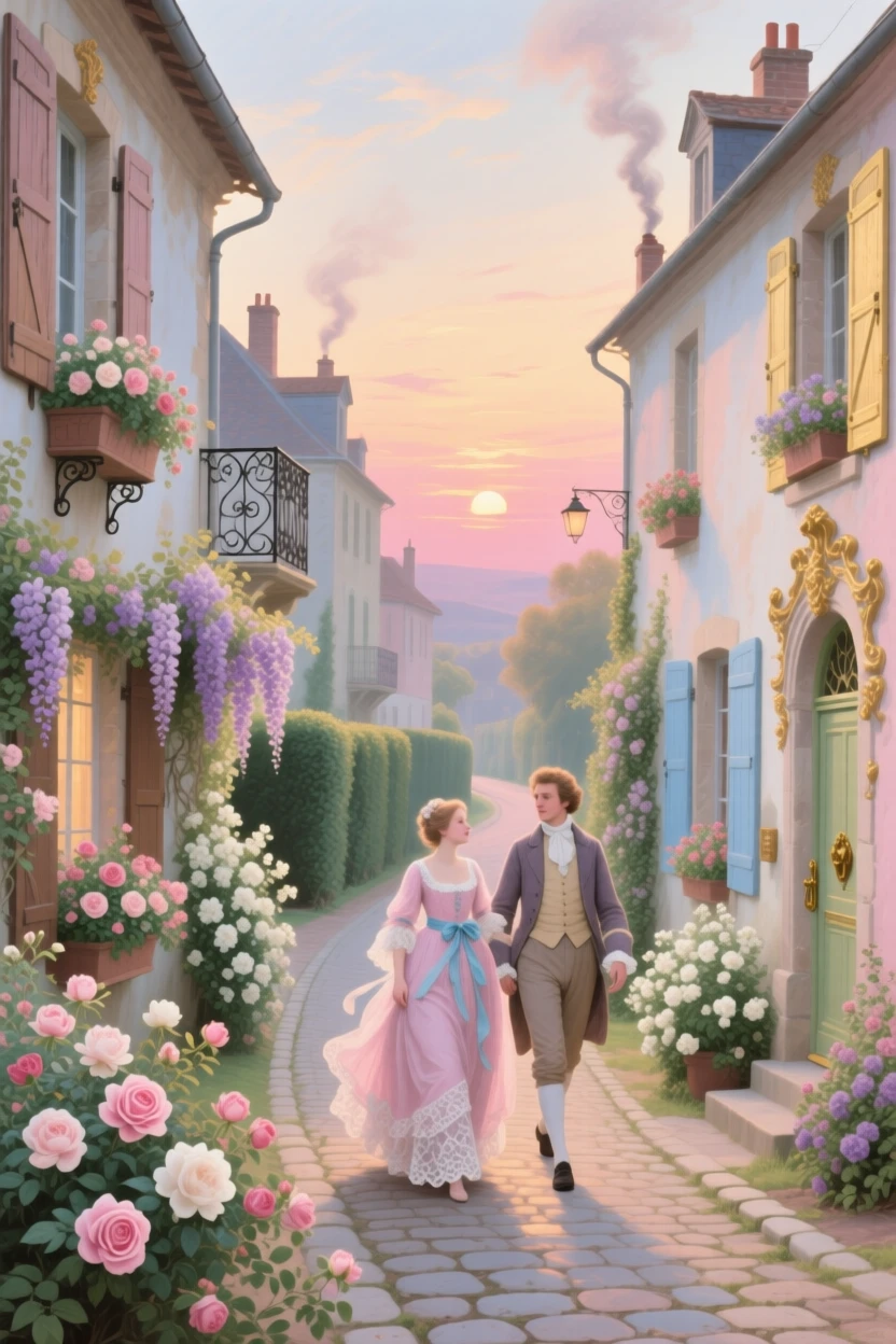 A quiet village lane at sunset with flowers spilling from every window  