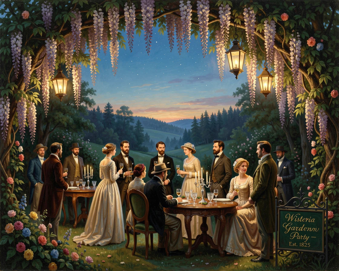 Lanterns light a garden party beneath strings of blossoming wisteria.