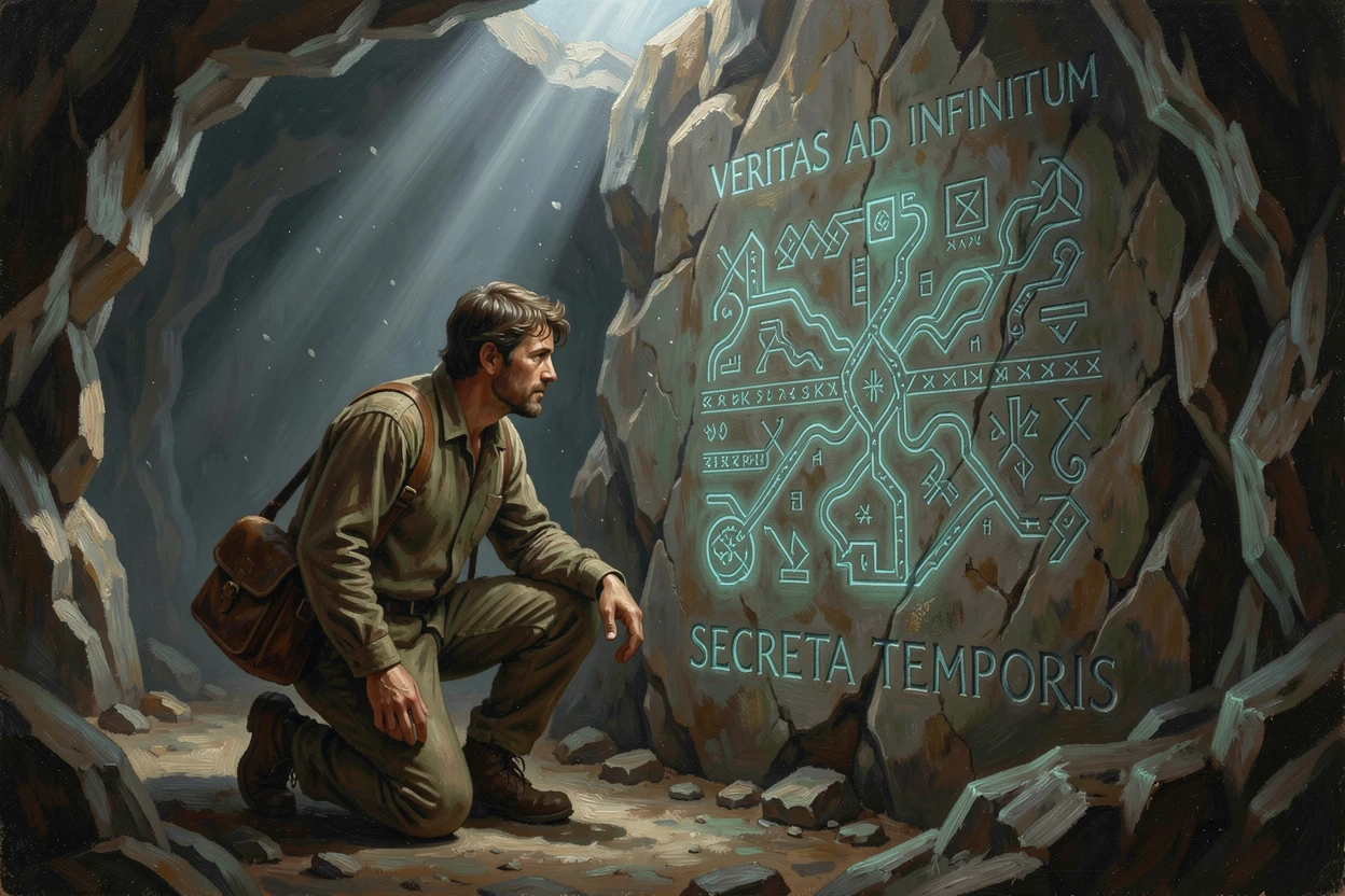 A traveler discovering a glowing map carved into an ancient cave wall, as beams of light cut dramatically through darkness or fog, blending fantasy imagination with striking photorealistic detail