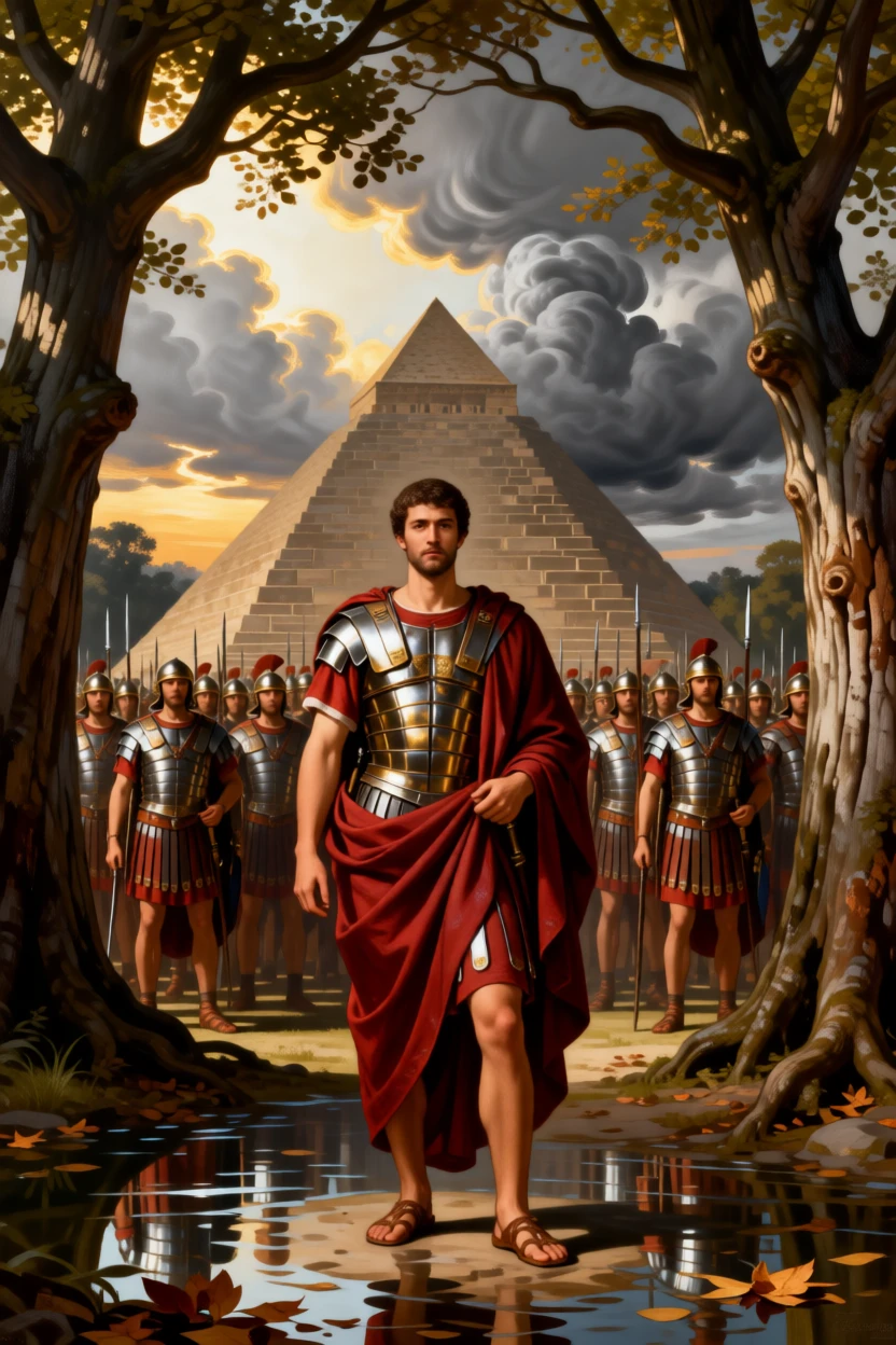 Julius Caesar crossing the Rubicon with his legions behind him at the height of a decisive and unforgettable moment, set beneath a canopy of ancient oaks in a sacred grove, as sunlight gilds the edges of drifting storm clouds; the composition centers the hero in a pyramid of surrounding figures, radiating triumph tempered by solemn sacrifice.