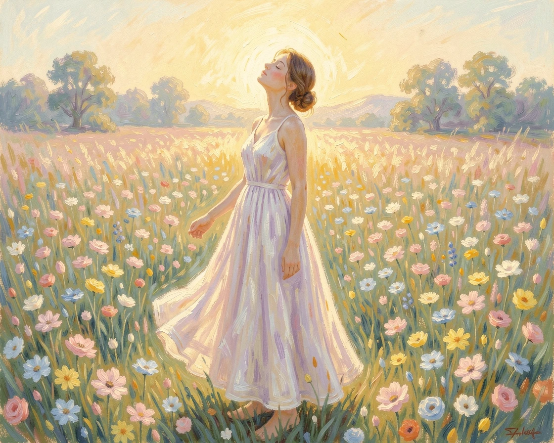 A young woman in a flowing summer dress standing in a field of wildflowers, eyes closed, face turned toward the sun, radiating serenity and gentle stillness.