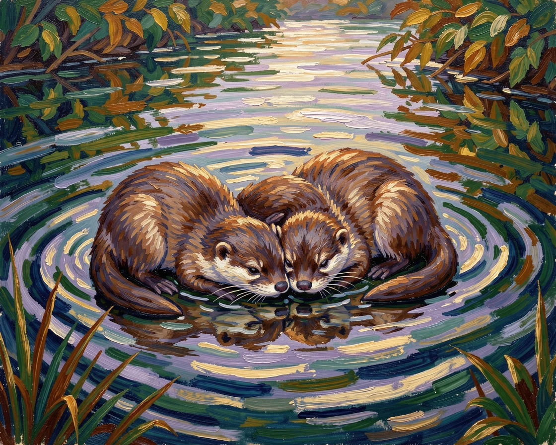 A pair of otters holding hands while floating asleep on a calm river surface.