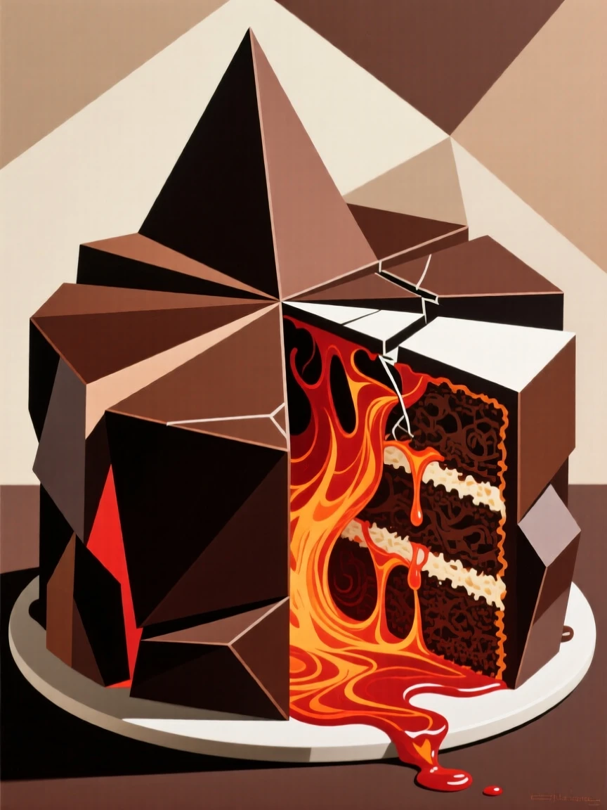 A decadent chocolate cake with a single slice revealing a molten center.