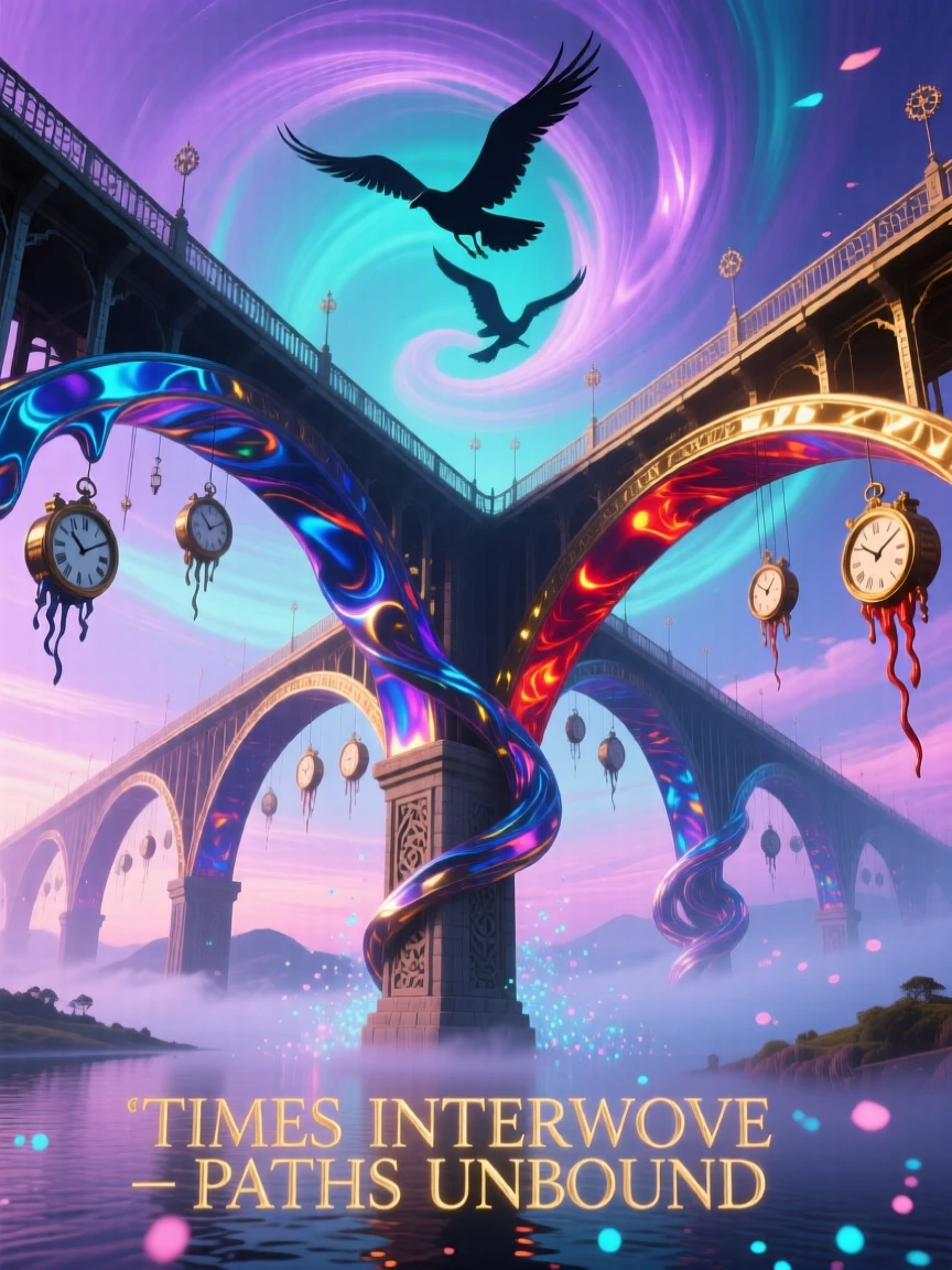 A bridge that splits into three separate versions of itself hums with a strange, looping quality of time, while dust drifts upward instead of settling down.
