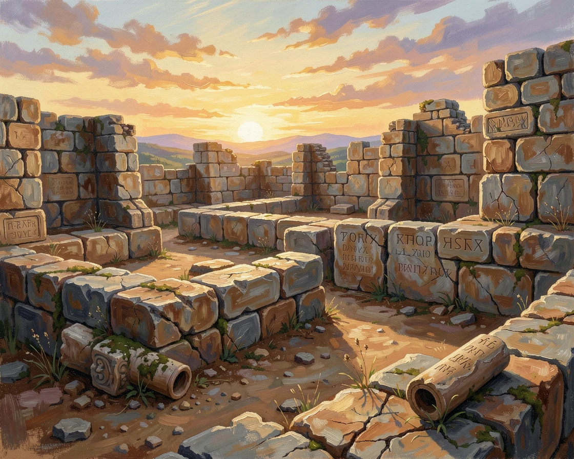 The ruins of ancient Troy sit quietly beneath a golden Turkish sunset, weathered stone walls hinting at millennia of forgotten history, the composition balancing grand scale with intimate, human-sized details throughout the frame.
