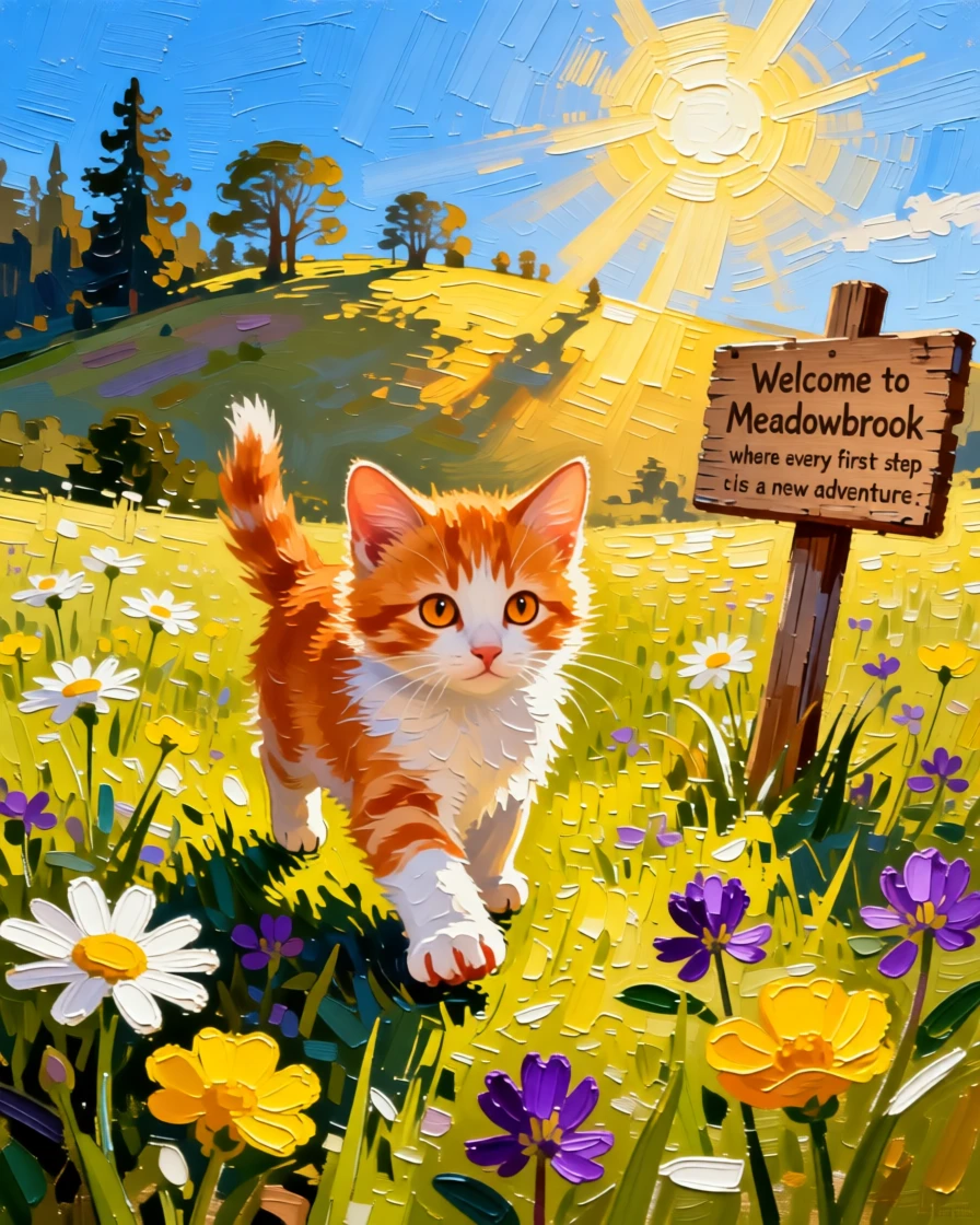 A heartwarming photo of a kitten taking its first wobbly steps in a sunlit meadow