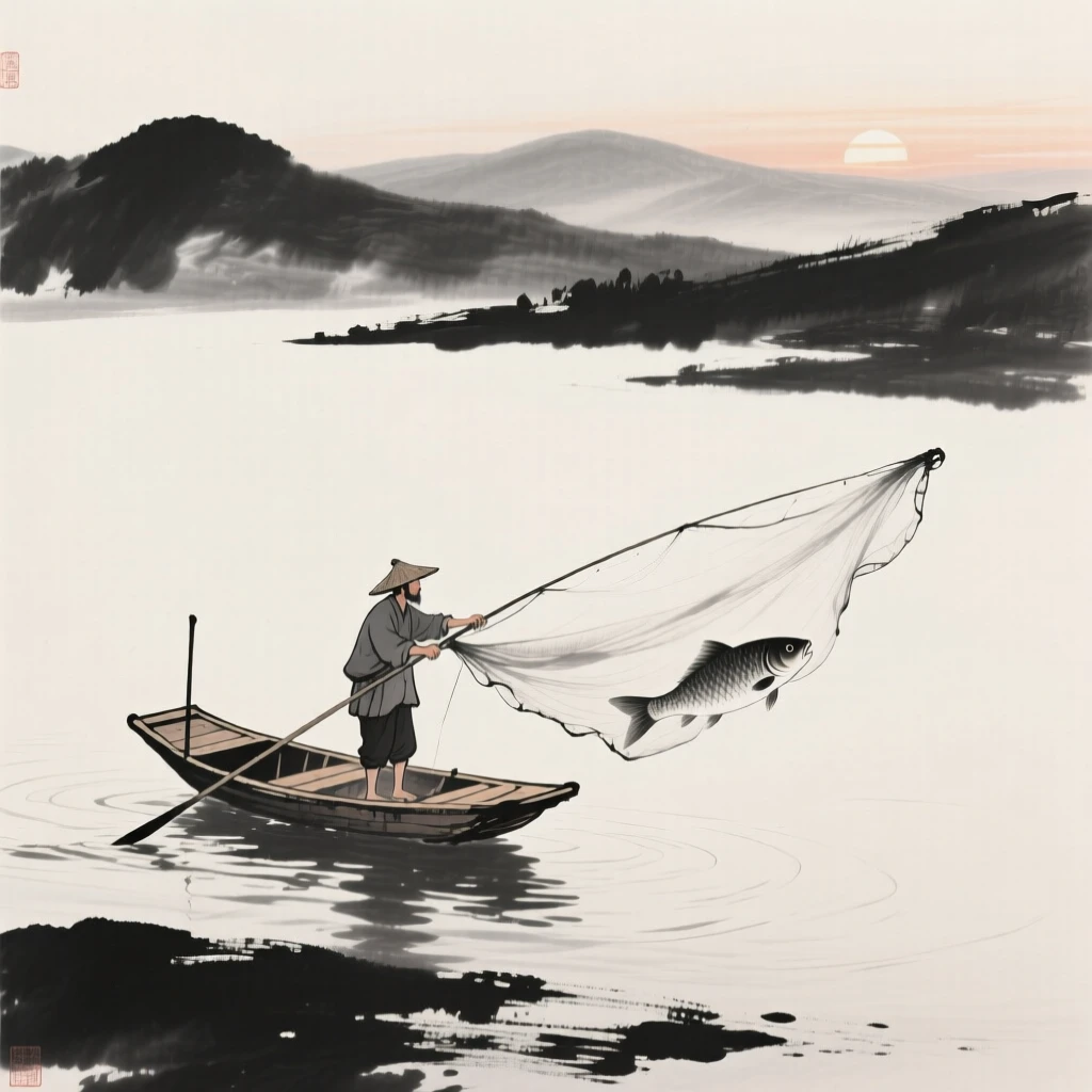 A fisherman casts a wide net from a small wooden boat, as the first light of dawn breaks over distant hills.