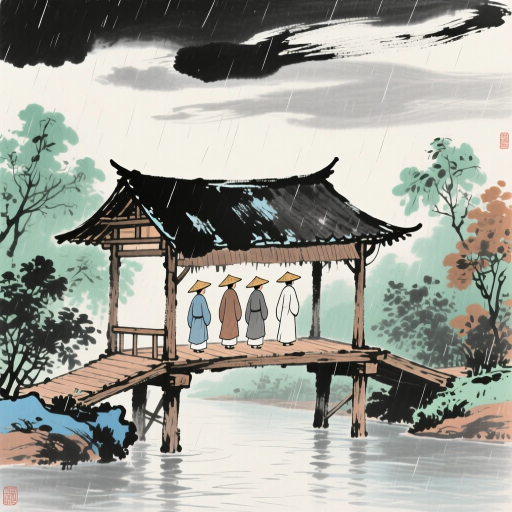 A covered bridge sheltering travelers from a passing rain, under a sky streaked with clouds, in the height of summer.