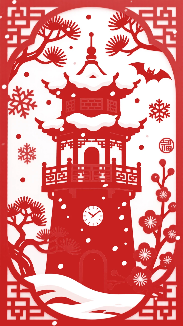 A watchtower, under a blanket of fresh winter snow, its carved railings catching the last light.