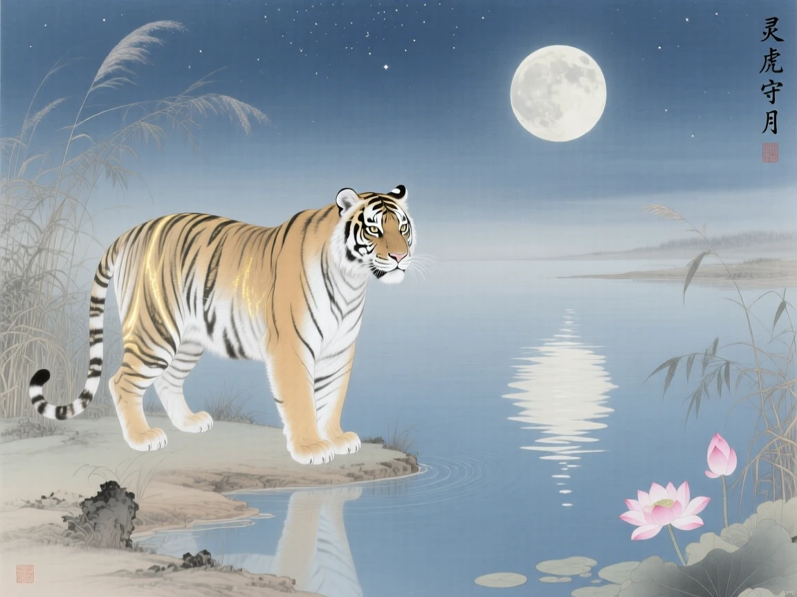 A spirit tiger with faintly glowing stripes over a calm lake reflecting the full moon