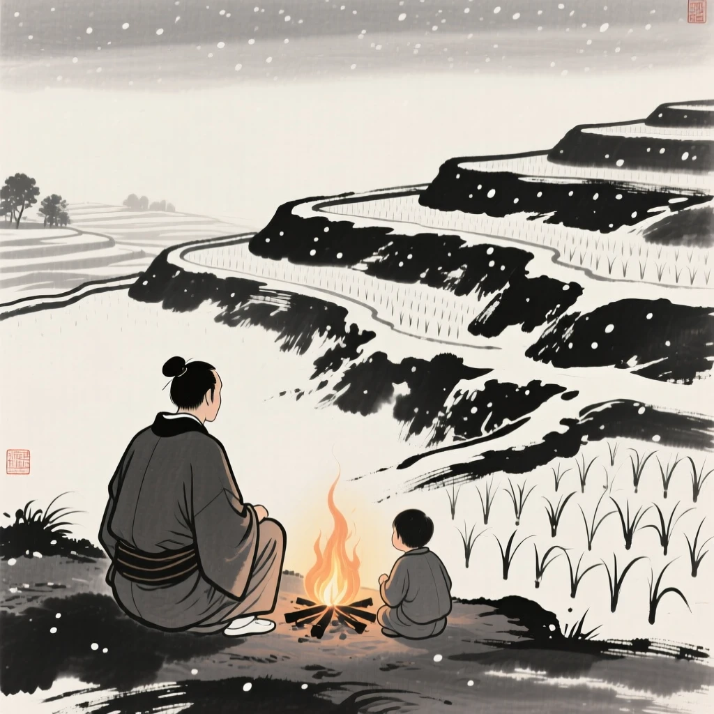 A poet seated in quiet thought gathering by a warm fire as snow falls outside beside a terraced rice field, seen from behind, gazing out toward the horizon, carrying a tender sense of familial warmth.