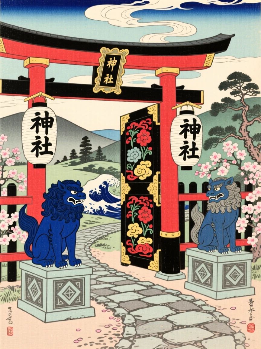 Guardian lion statues standing watch before an ornate temple gate.