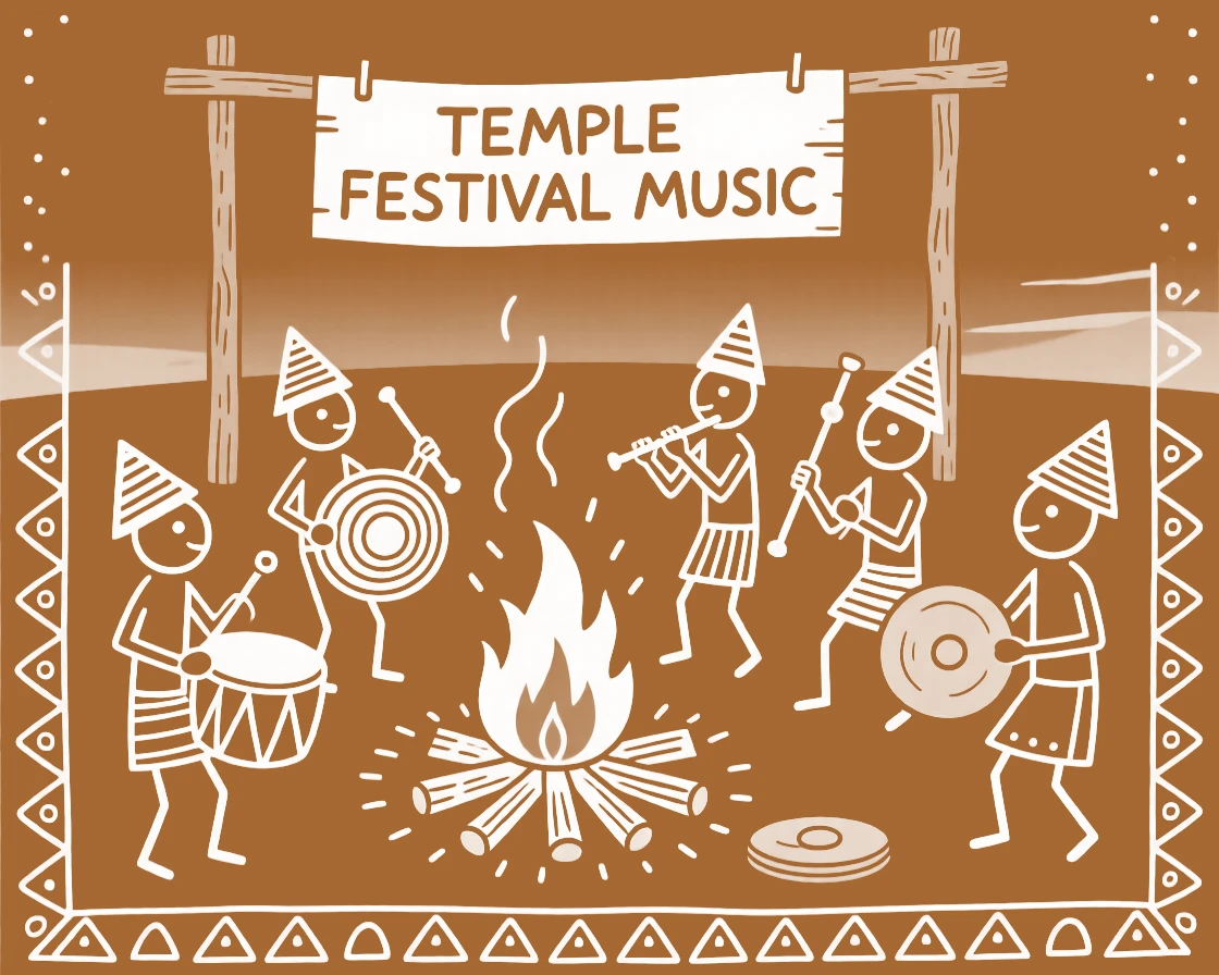 A group of temple musicians around a ceremonial bonfire at dusk.
