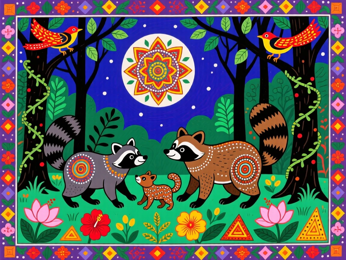 A raccoon family exploring a moonlit forest clearing.