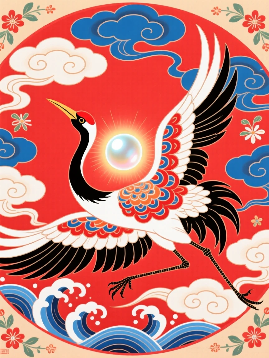 A powerful depiction of a red-crowned crane circling a glowing pearl among the clouds.