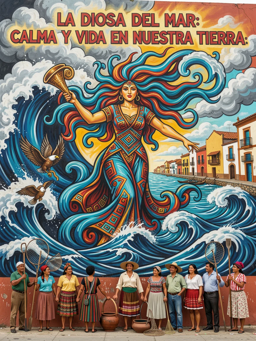 A mythical sea goddess calming a raging storm