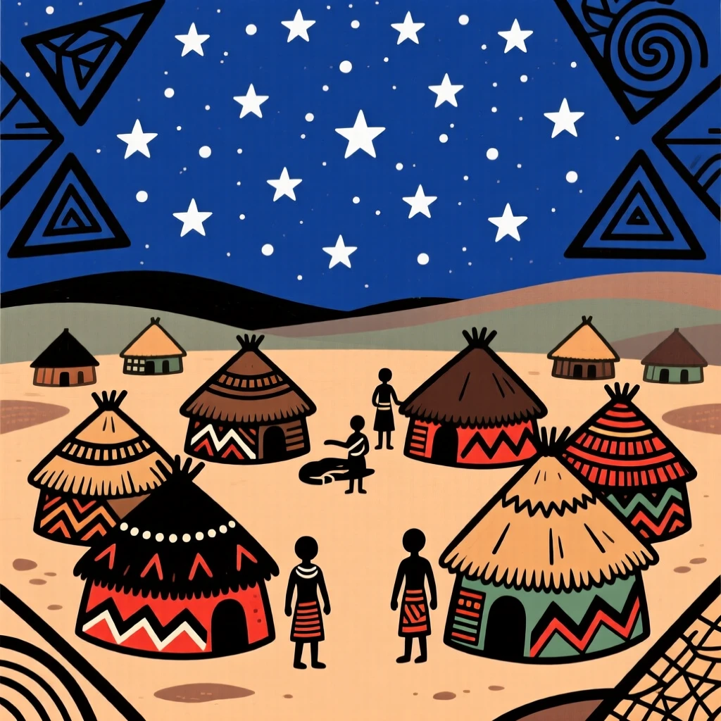 A starlit night sky above a quiet sleeping village.