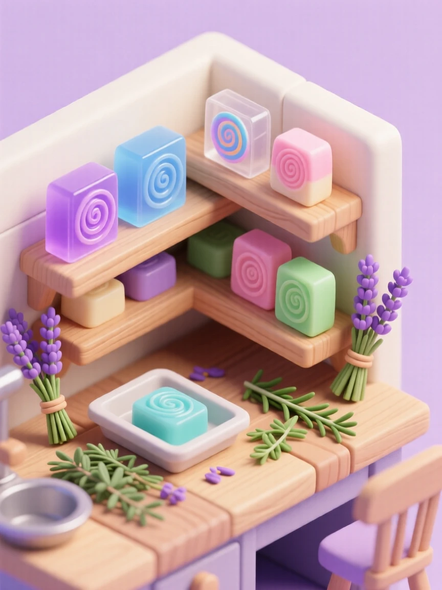 A soap-making workshop with molds cooling on a shelf, lavender and herbs scattered nearby, and colorful swirls setting in bars.